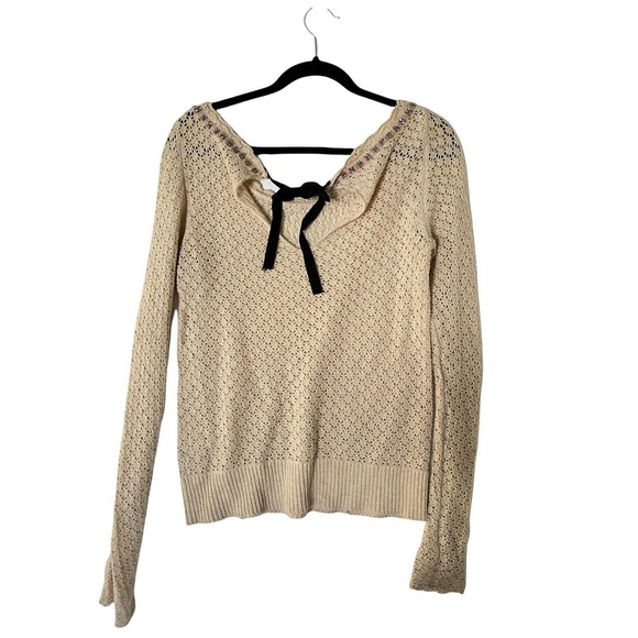 FREE PEOPLE Womens Sweater Cream Open-Knit Pullover Tie Back Sequins Size S - Picture 2 of 5